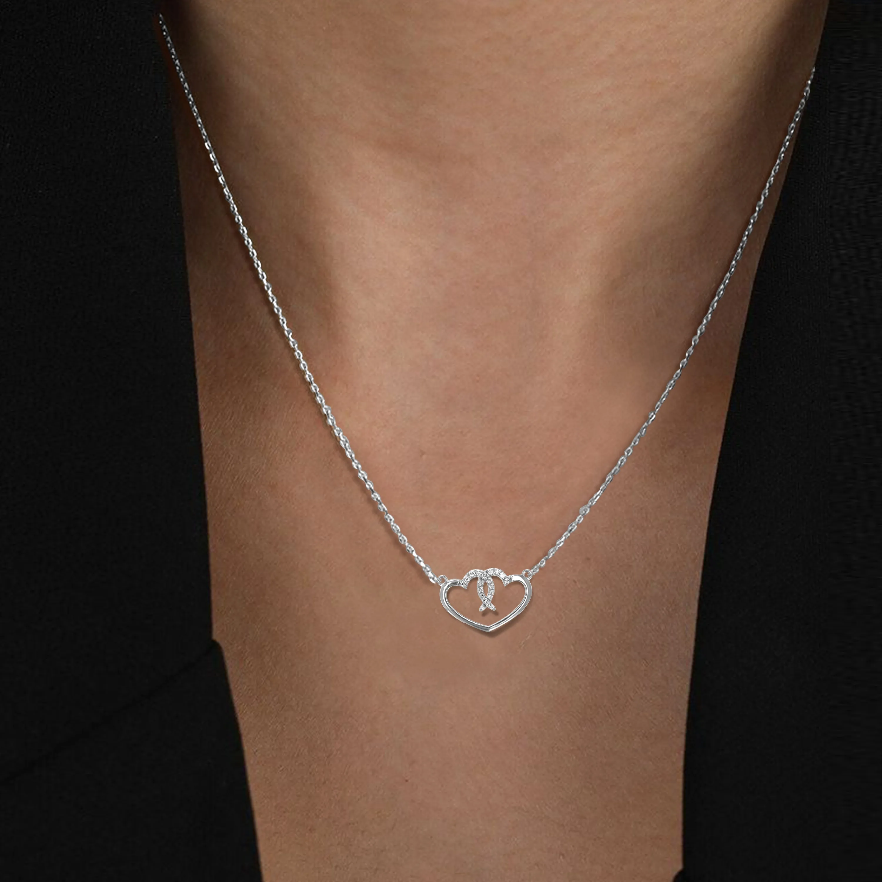 1/6 cttw Lab Grown Diamond Double Heart Pendant Necklaces Silver