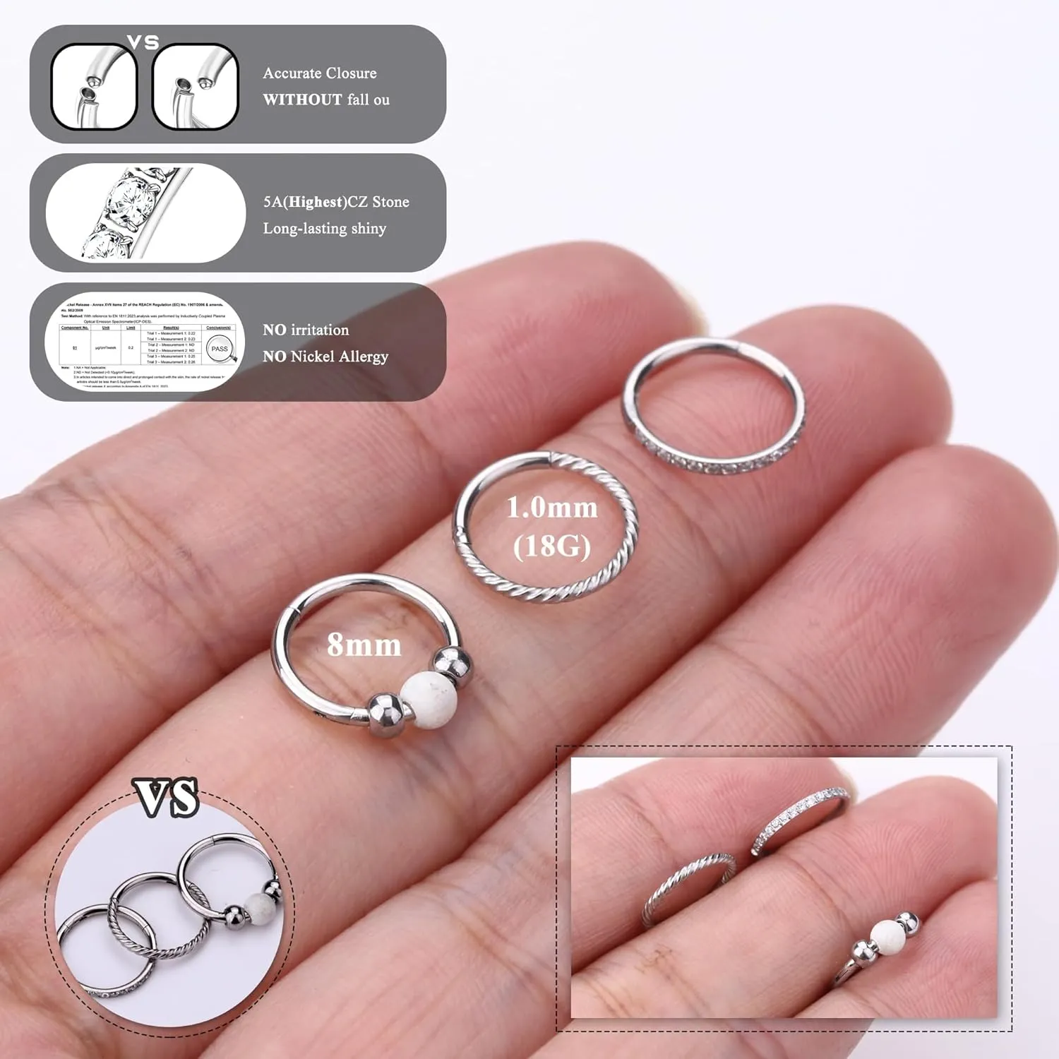 3pcs Hoop Nose Rings for women 316L Surgical Steel 18K Gold Nose Ring Hoop 8mm/10mm Nose Hoop Hinged CZ Conch Clicker Lip Rings Cartilage Helix Rook Tragus Daith Earring Hoops Body Piercing Jewelry
