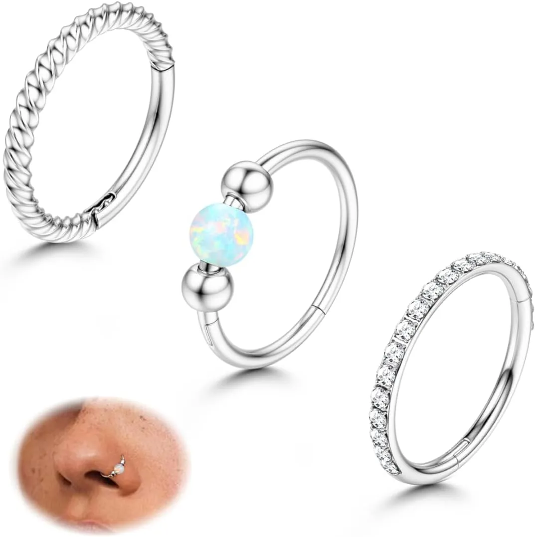 3pcs Hoop Nose Rings for women 316L Surgical Steel 18K Gold Nose Ring Hoop 8mm/10mm Nose Hoop Hinged CZ Conch Clicker Lip Rings Cartilage Helix Rook Tragus Daith Earring Hoops Body Piercing Jewelry
