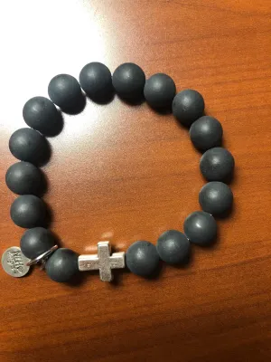 Black Bead Bracelet with Silver Cross