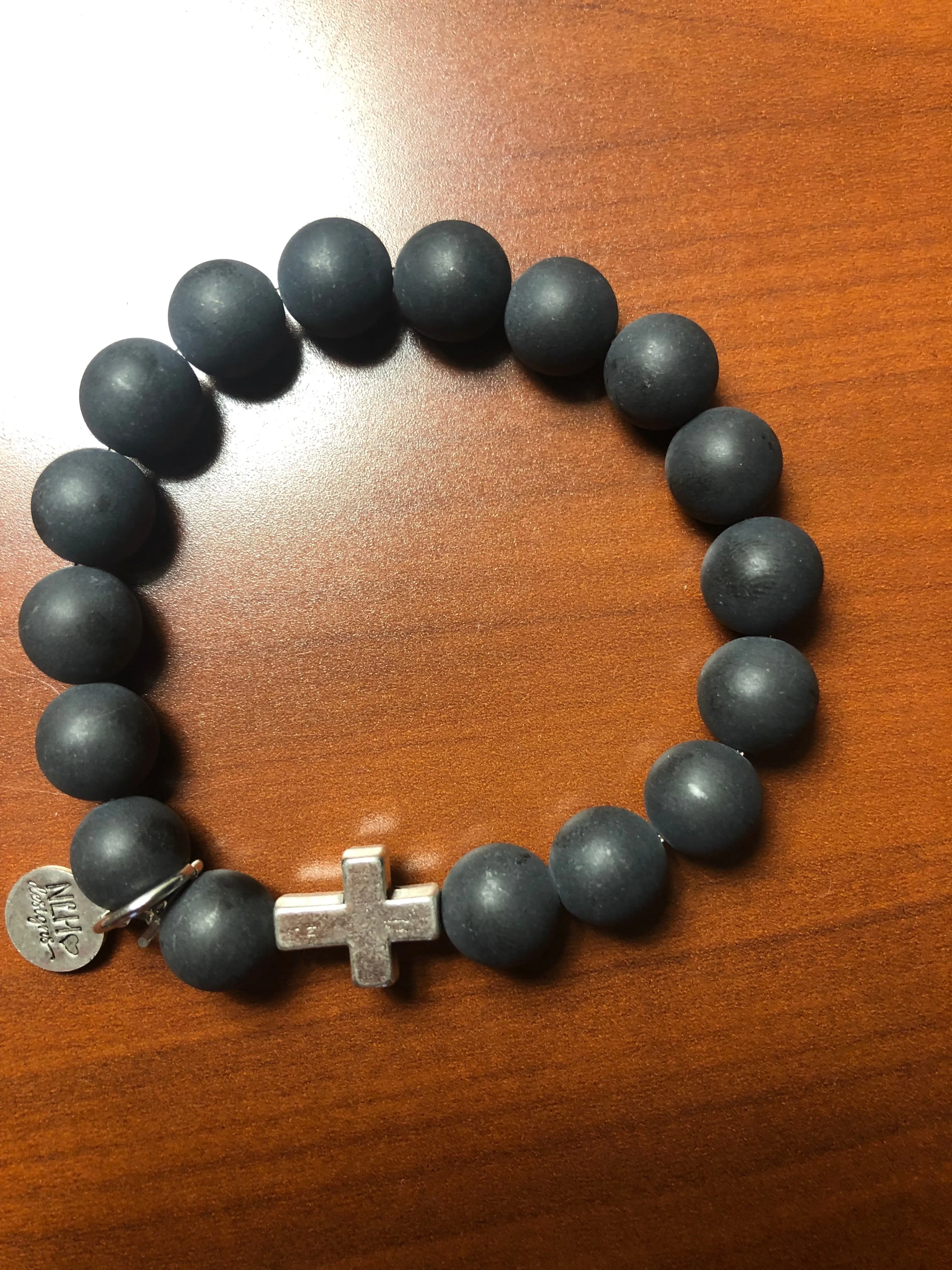 Black Bead Bracelet with Silver Cross
