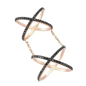 Black Double Band Linked Silver Stacked X Ring