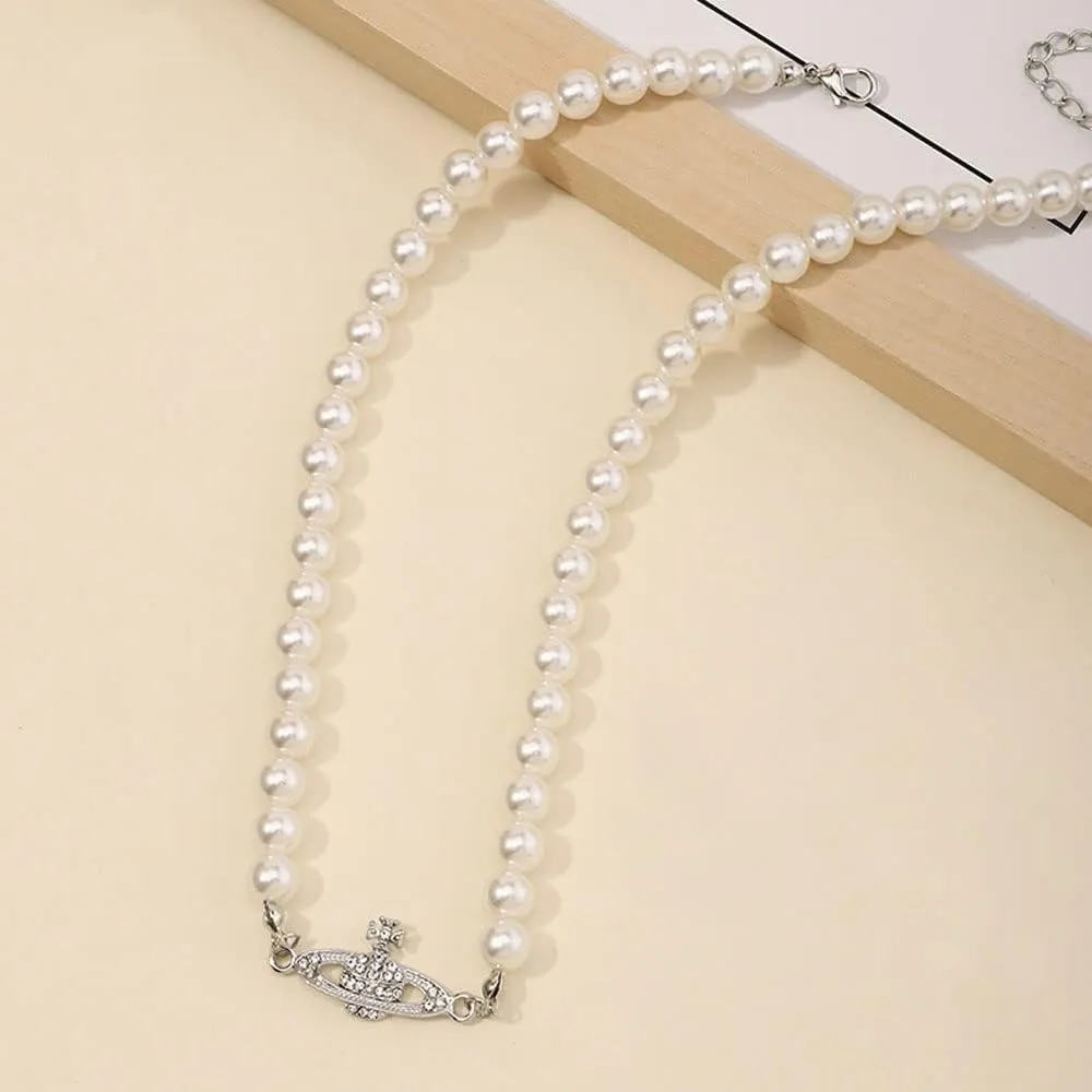 BSLVWG White Pearl Necklaces,Crystal Rhinestone Saturn Planet Necklace,Ladies Pendant Necklace Minimalist Jewelry Friend Girlfriend Birthday Anniversary for Mum Her Wife Girlfriend