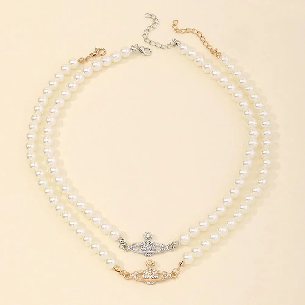 BSLVWG White Pearl Necklaces,Crystal Rhinestone Saturn Planet Necklace,Ladies Pendant Necklace Minimalist Jewelry Friend Girlfriend Birthday Anniversary for Mum Her Wife Girlfriend