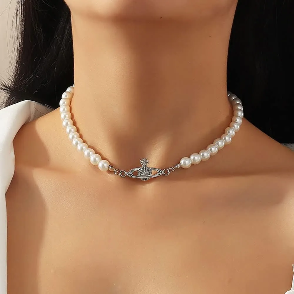 BSLVWG White Pearl Necklaces,Crystal Rhinestone Saturn Planet Necklace,Ladies Pendant Necklace Minimalist Jewelry Friend Girlfriend Birthday Anniversary for Mum Her Wife Girlfriend