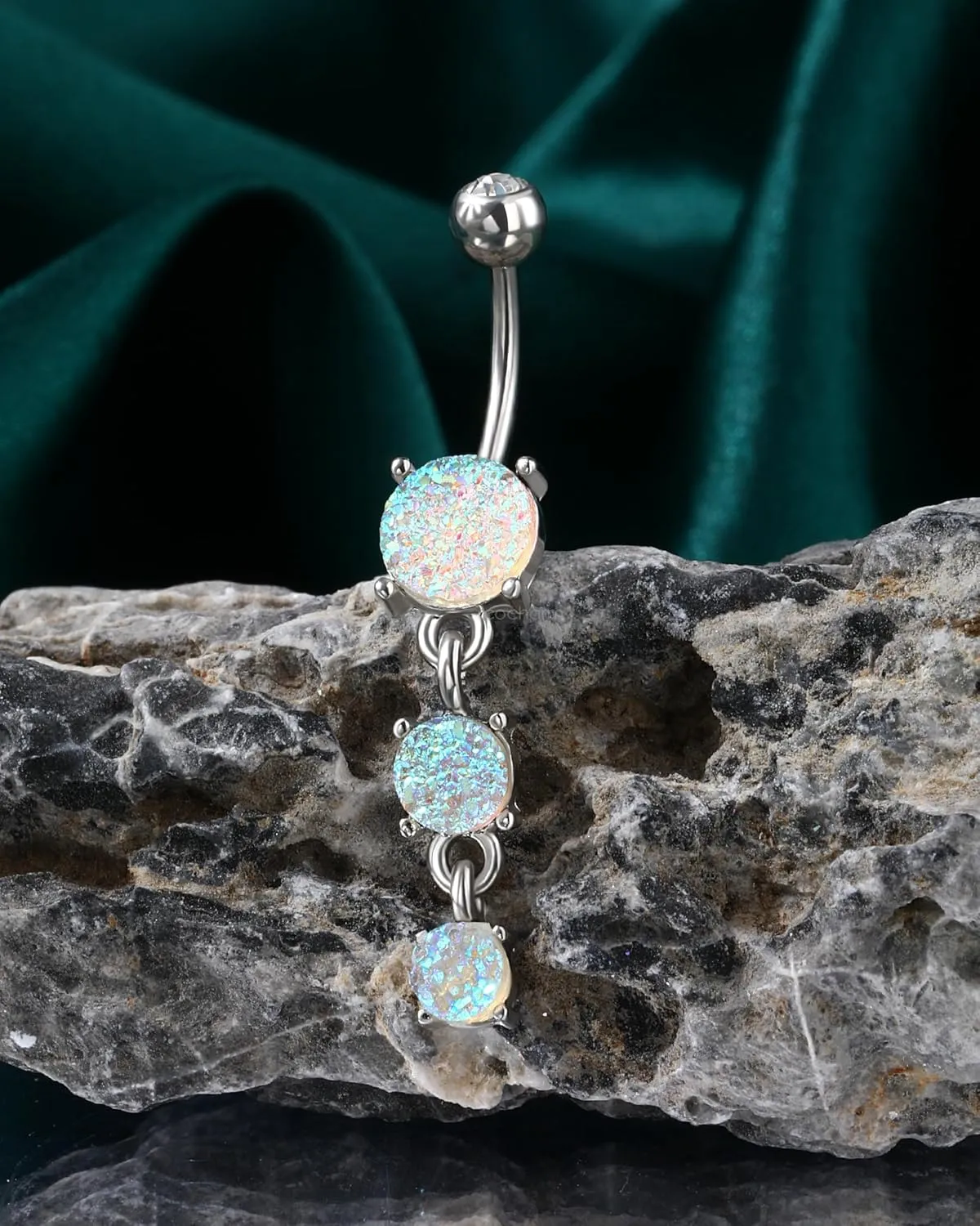COCHARM Cute Dangly Opal Belly Button Rings 14g 316L Stainless Steel Dangle Navel Rings for Women Belly Button Piercing Dangling Navel Bar