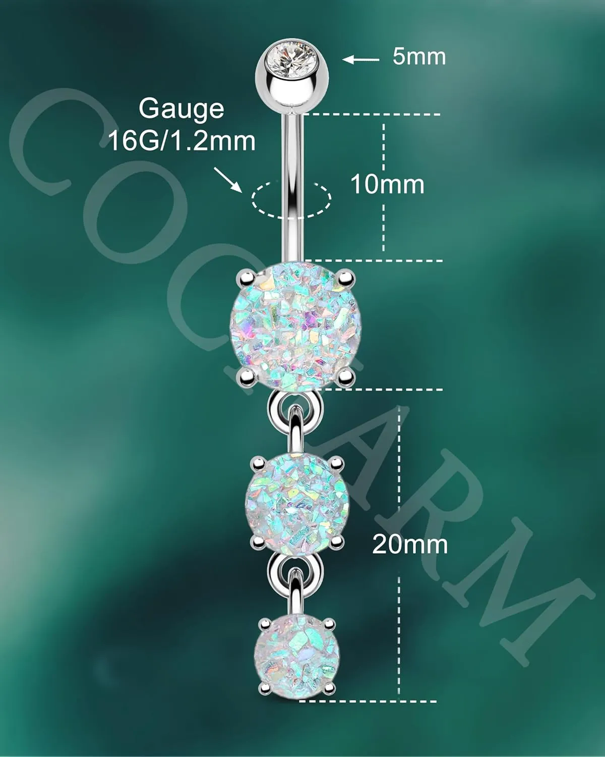 COCHARM Cute Dangly Opal Belly Button Rings 14g 316L Stainless Steel Dangle Navel Rings for Women Belly Button Piercing Dangling Navel Bar