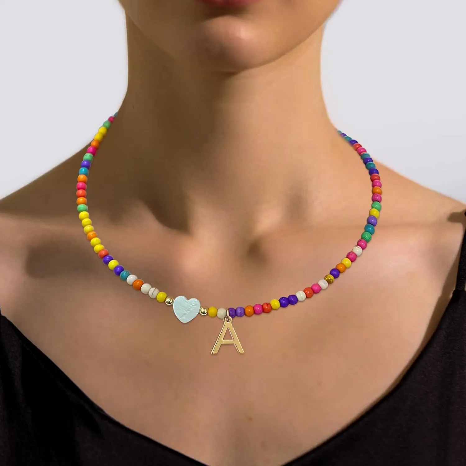 Colorful Beaded Initial Necklaces for Women Girls Gifts, Gold Plated Letter Choker Necklace for Mother's Day Gift from Daughter Son