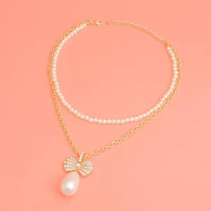 Double Layer Pearl Bow Gold Necklace
