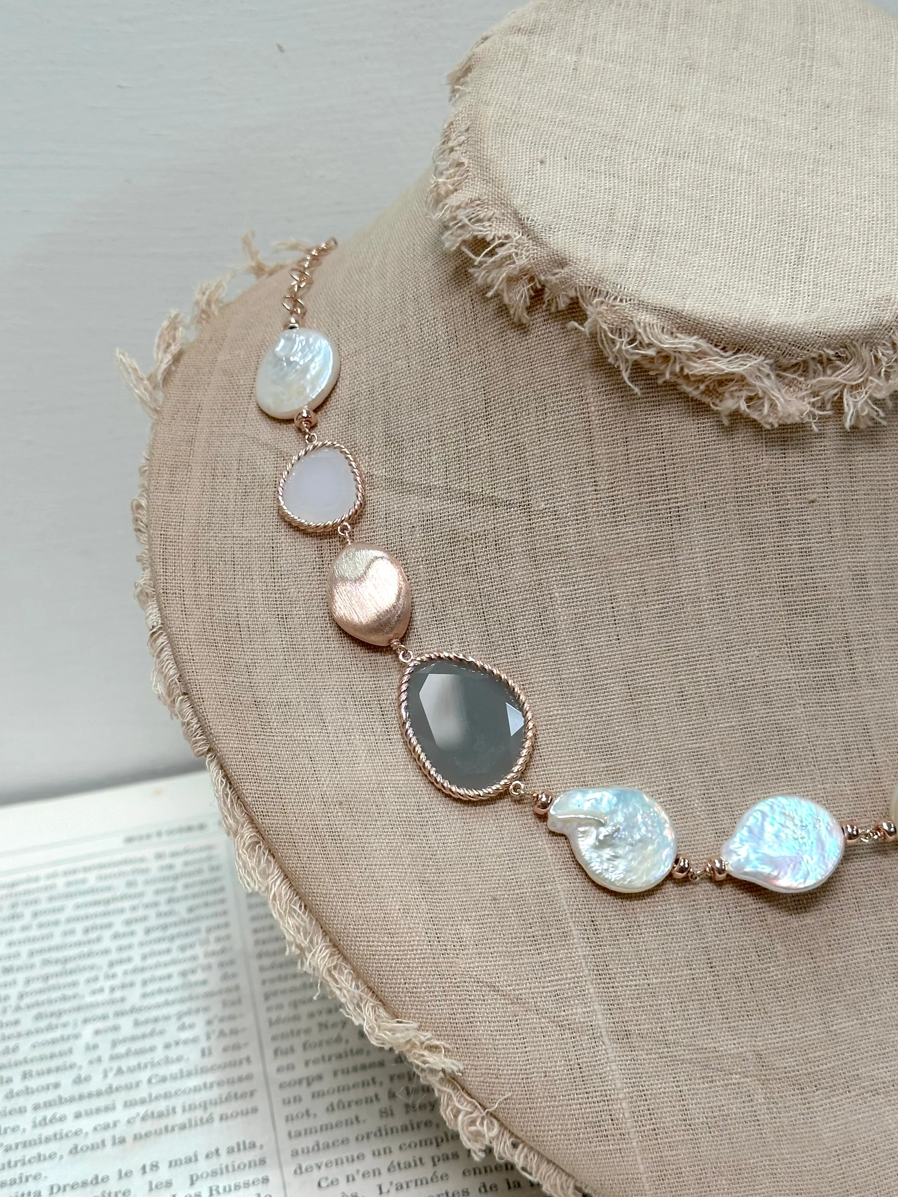 Italian Coin Pearl And Milky Grey Agate Necklace