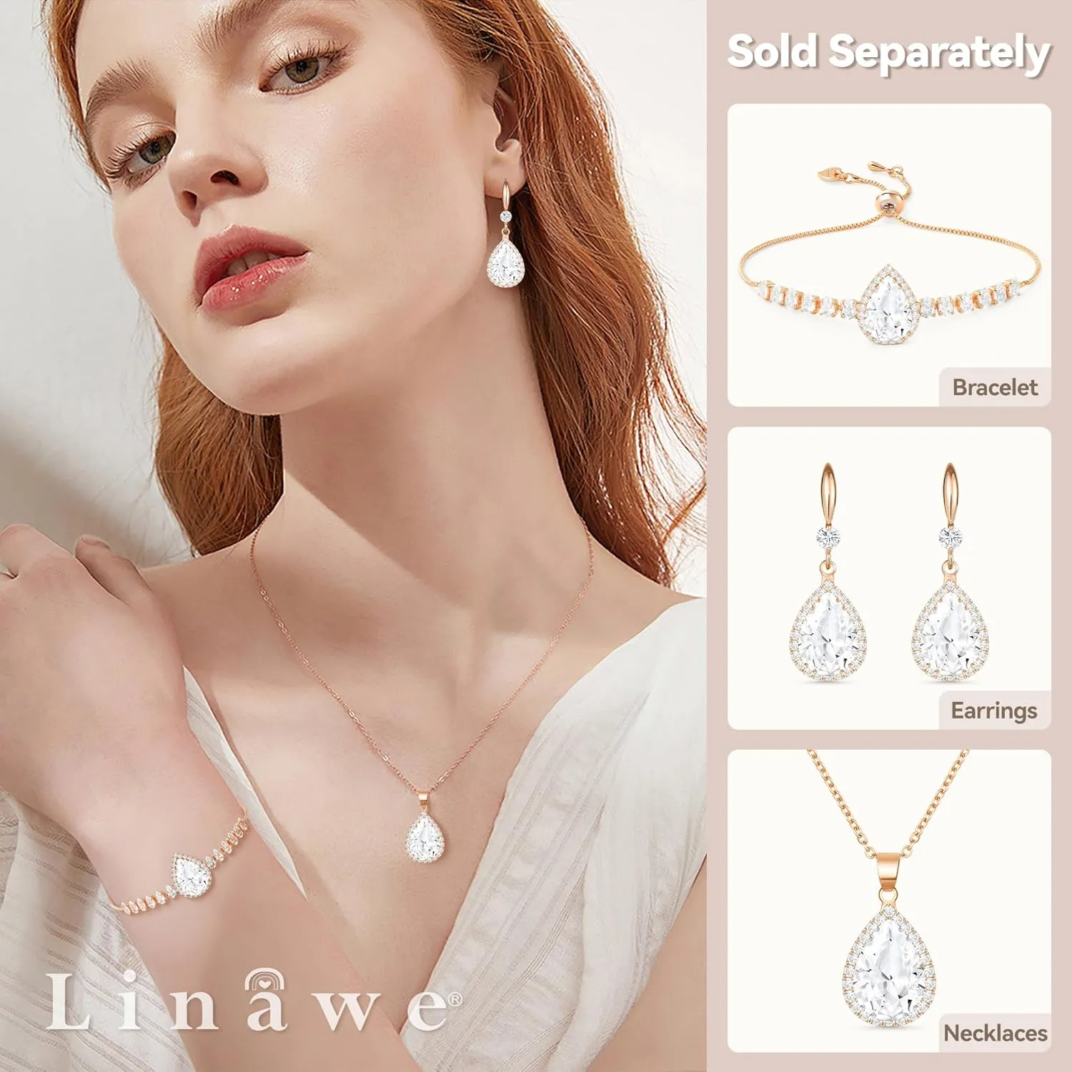 Linawe Crystal Imitation Diamond Rhinestone Charm Bracelets for Women, Gold/Silver/Rose Gold Adjustable Chain Bracelet, Teardrop Birthstone Cubic Zirconia Prom Costume Wedding Jewelry