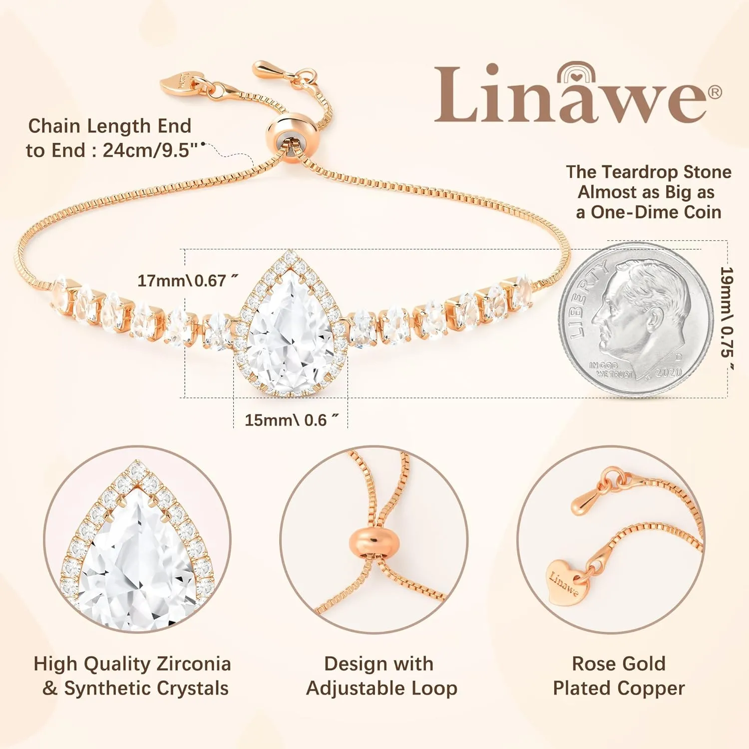 Linawe Crystal Imitation Diamond Rhinestone Charm Bracelets for Women, Gold/Silver/Rose Gold Adjustable Chain Bracelet, Teardrop Birthstone Cubic Zirconia Prom Costume Wedding Jewelry