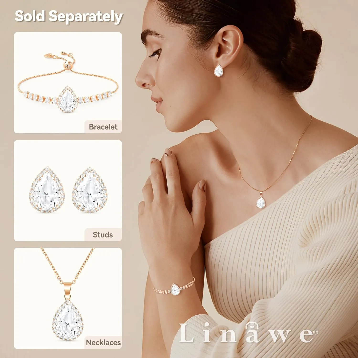 Linawe Crystal Imitation Diamond Rhinestone Charm Bracelets for Women, Gold/Silver/Rose Gold Adjustable Chain Bracelet, Teardrop Birthstone Cubic Zirconia Prom Costume Wedding Jewelry