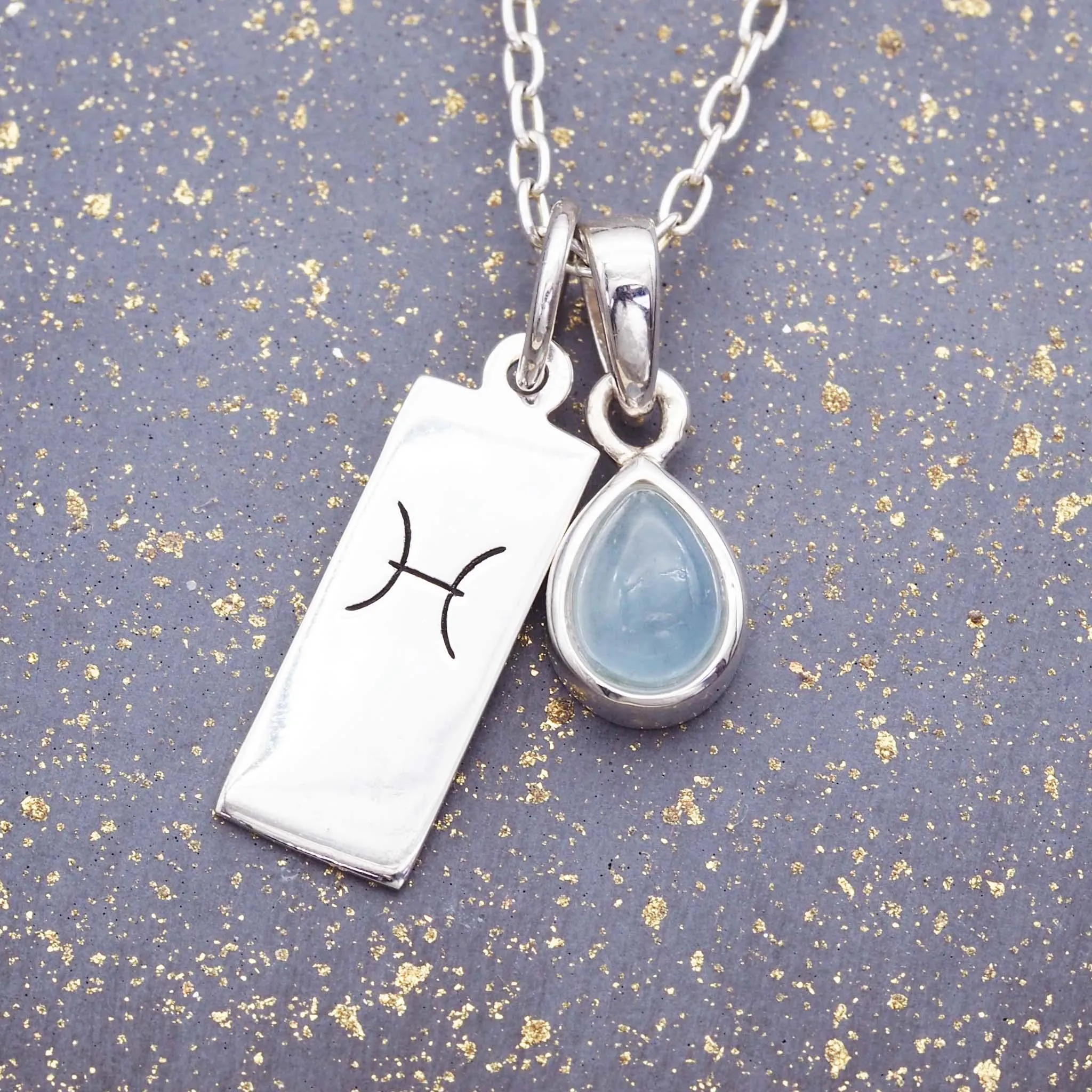 Pisces Star Sign and March Birthstone Necklace