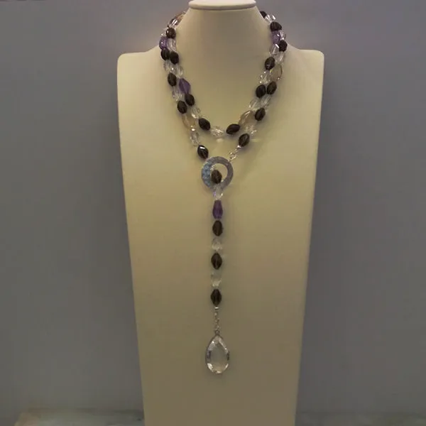 Rock Crystal, Smokey Quartz, Amethyst & Citrine Lariat Necklace with Rock Crystal Pendant