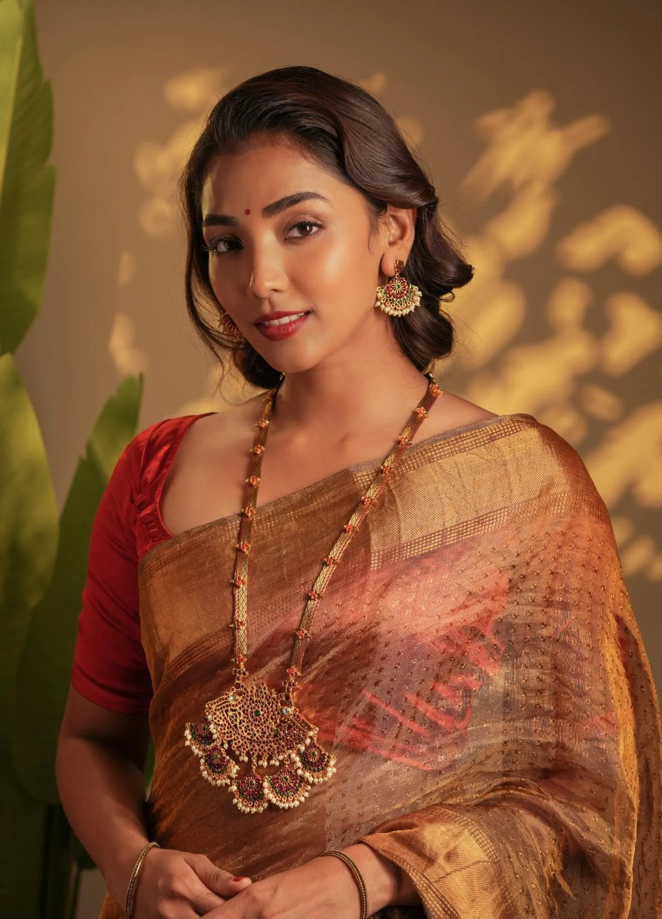 Temple  Motif Long Necklace with Brown Brocade and 5 Pendants