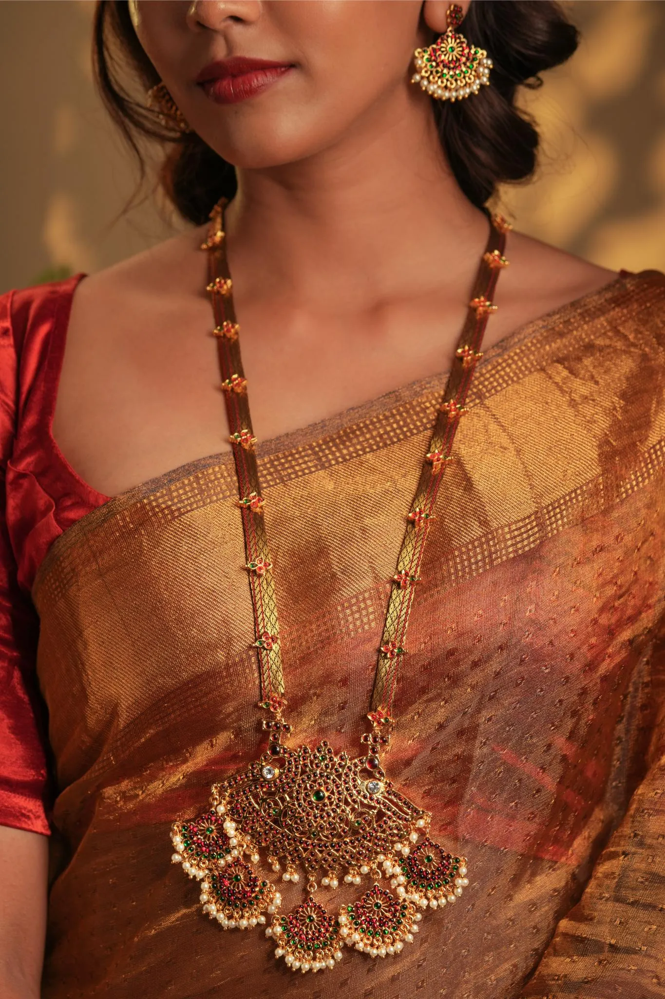 Temple  Motif Long Necklace with Brown Brocade and 5 Pendants