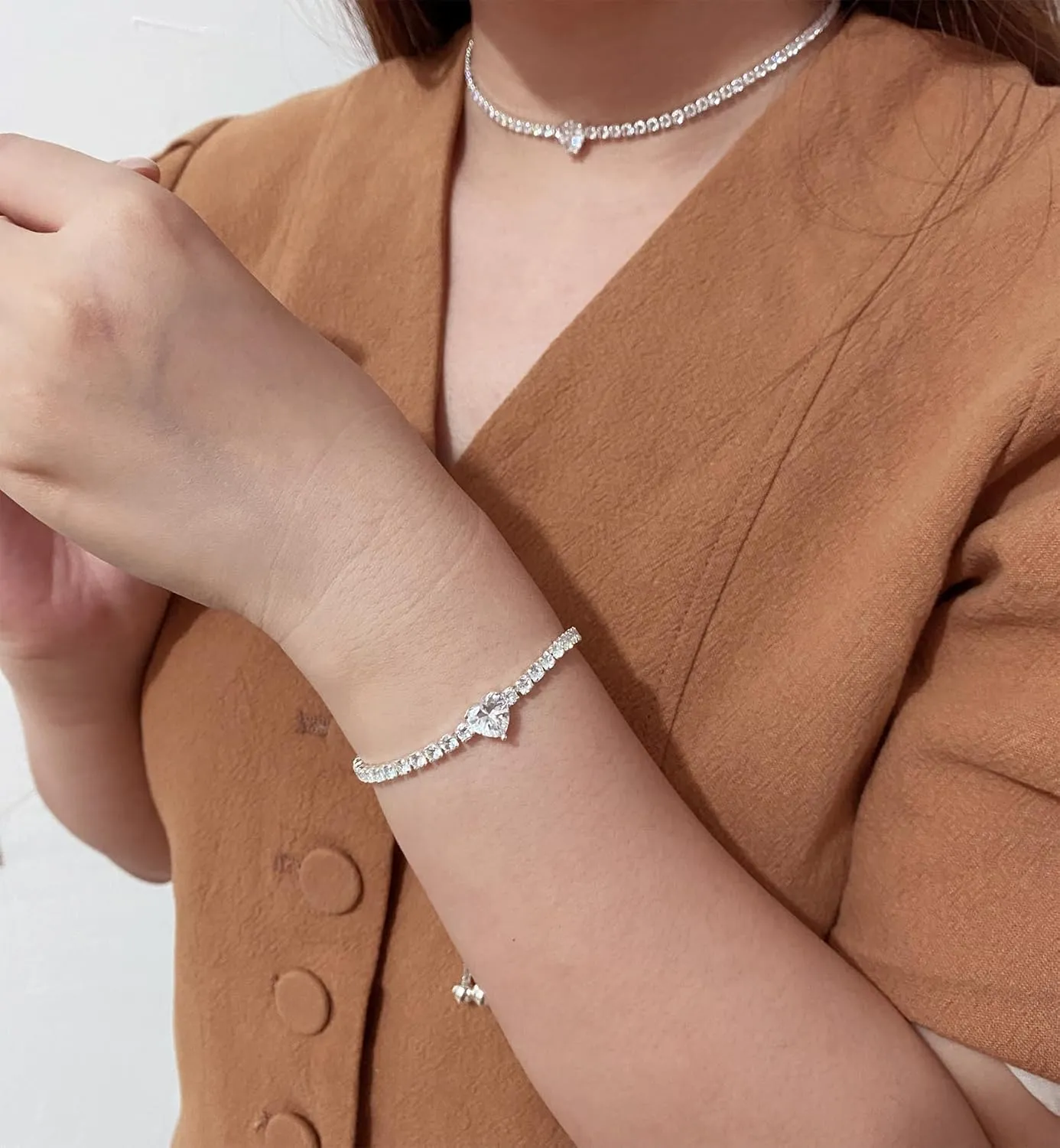 Tennis Necklaces Bracelet for Women Diamond Choker Tennis Bracelet,Silver Necklace Bracelet Set, Wedding Bridesmaid Gifts Jewelry for Her