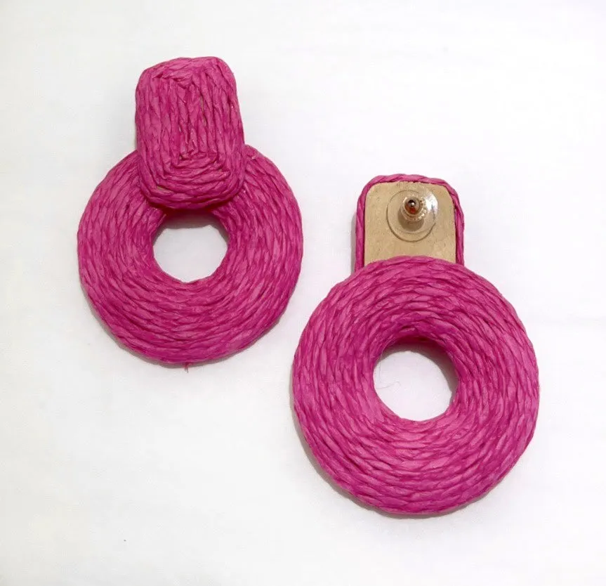 Tropical Composure Raffia Fuchsia Statement Earrings