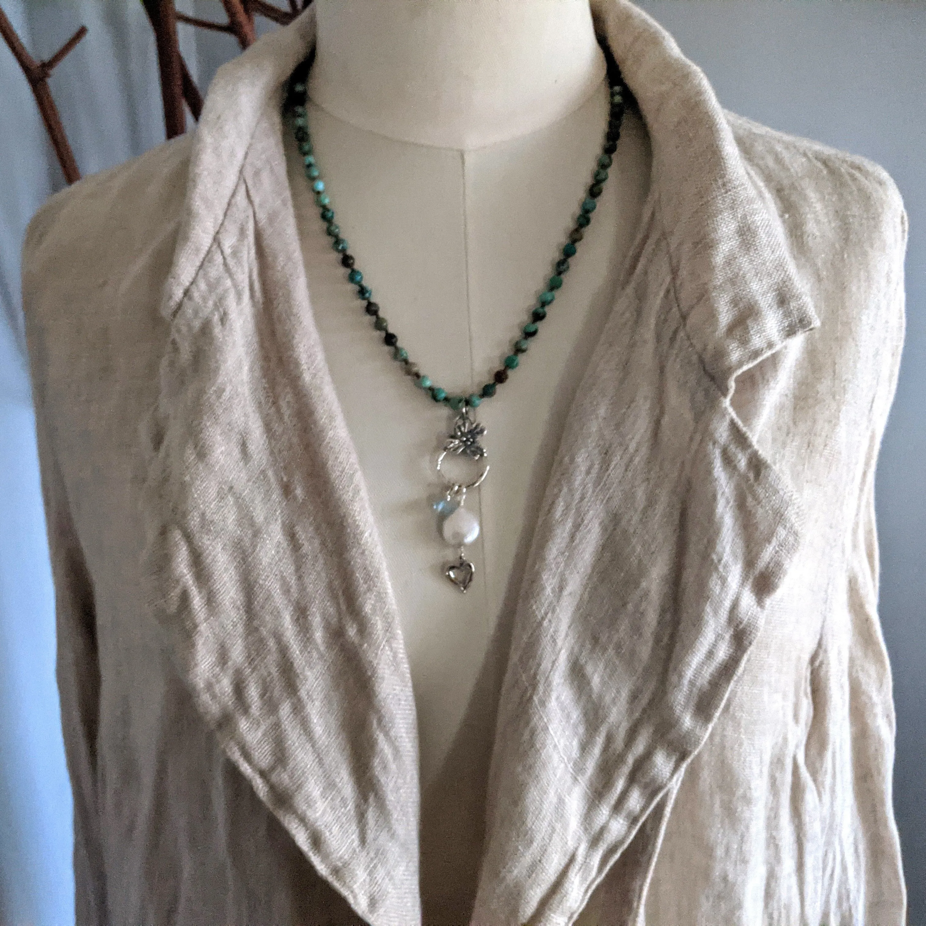 Turquoise Necklace & Pearl  Flower Pendant