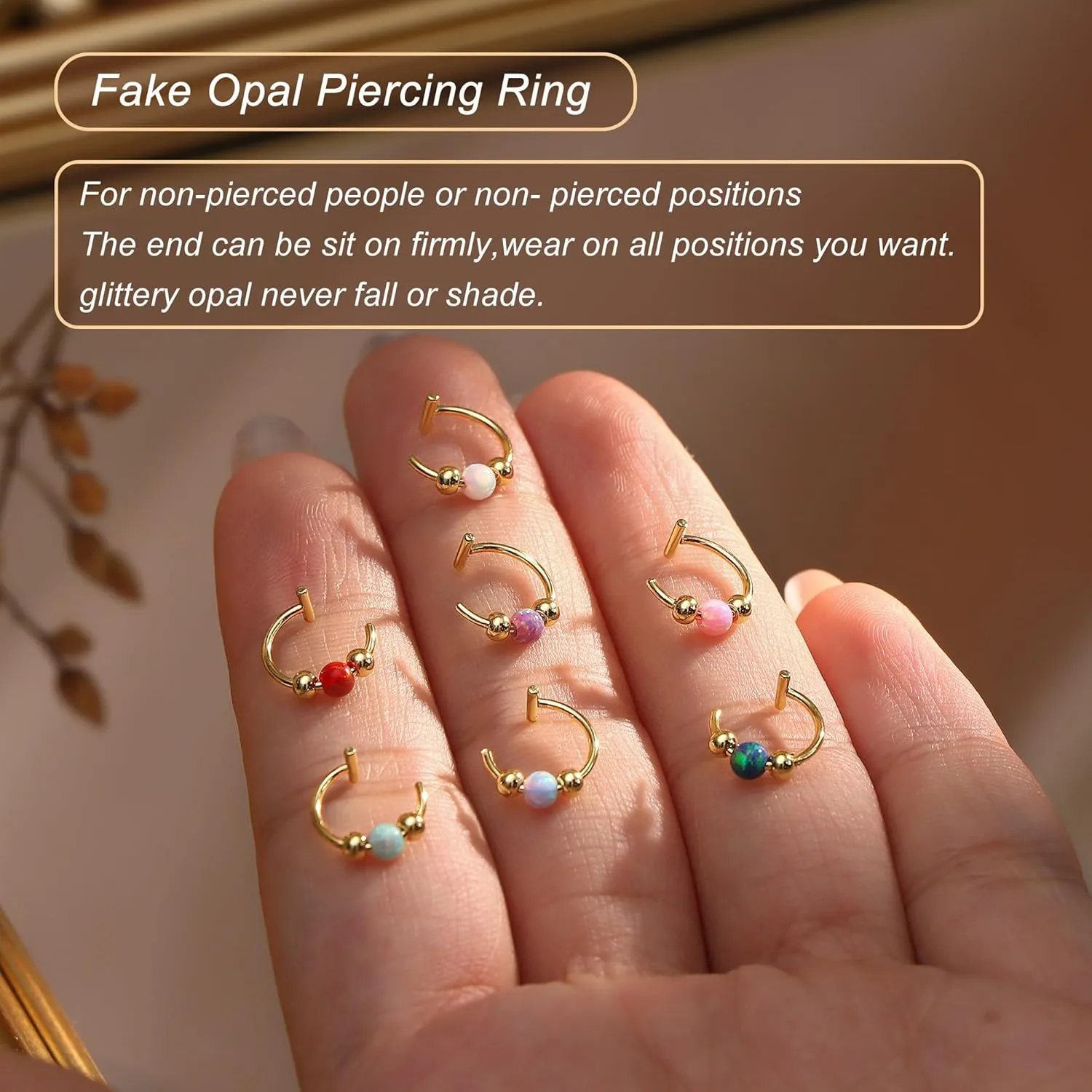 UBGICIG Opal Fake Nose Ring 20G - 14K Gold Nose Ring Faux Nose Rings For Women Fake Nose Piercings Green/Pink/Blue/White/Red/Purple/Dark Green Opal 8mm