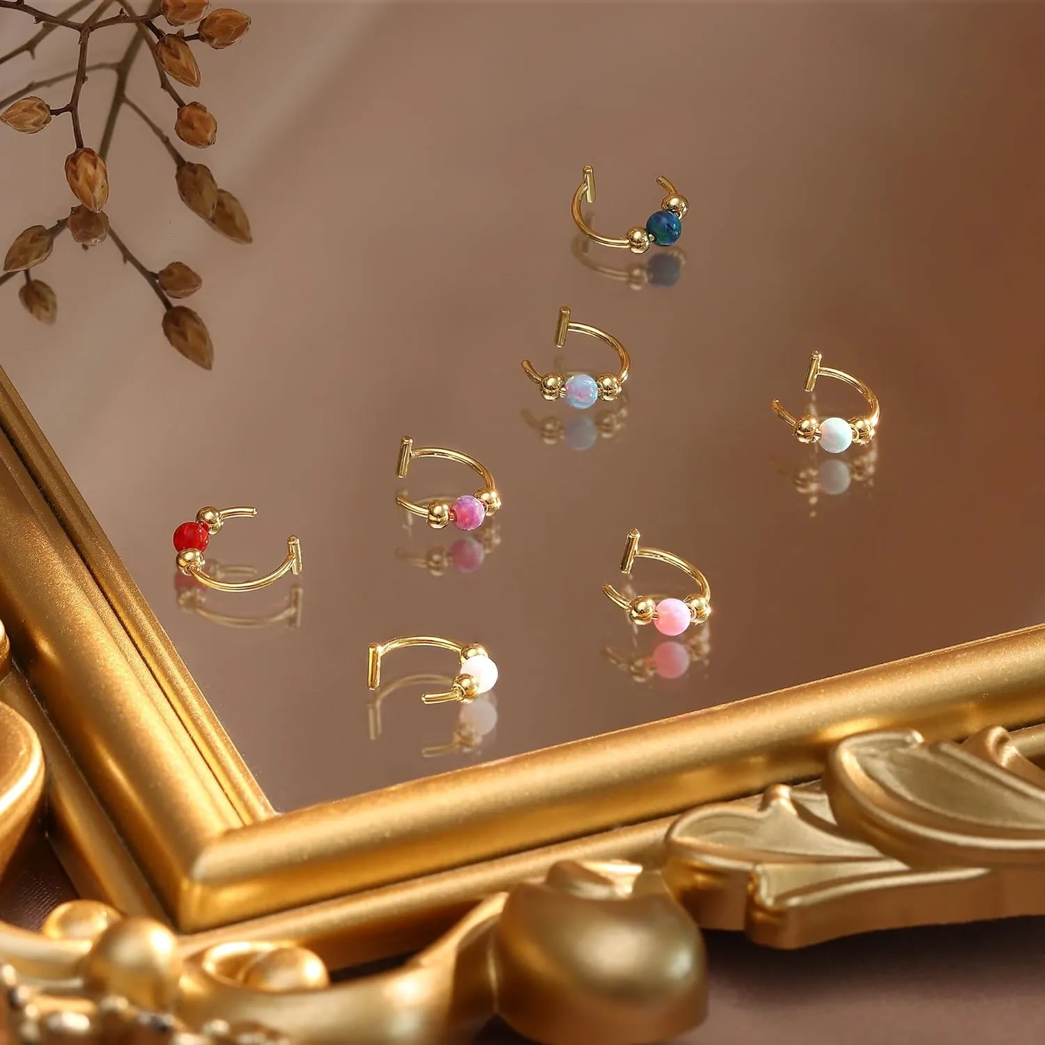 UBGICIG Opal Fake Nose Ring 20G - 14K Gold Nose Ring Faux Nose Rings For Women Fake Nose Piercings Green/Pink/Blue/White/Red/Purple/Dark Green Opal 8mm