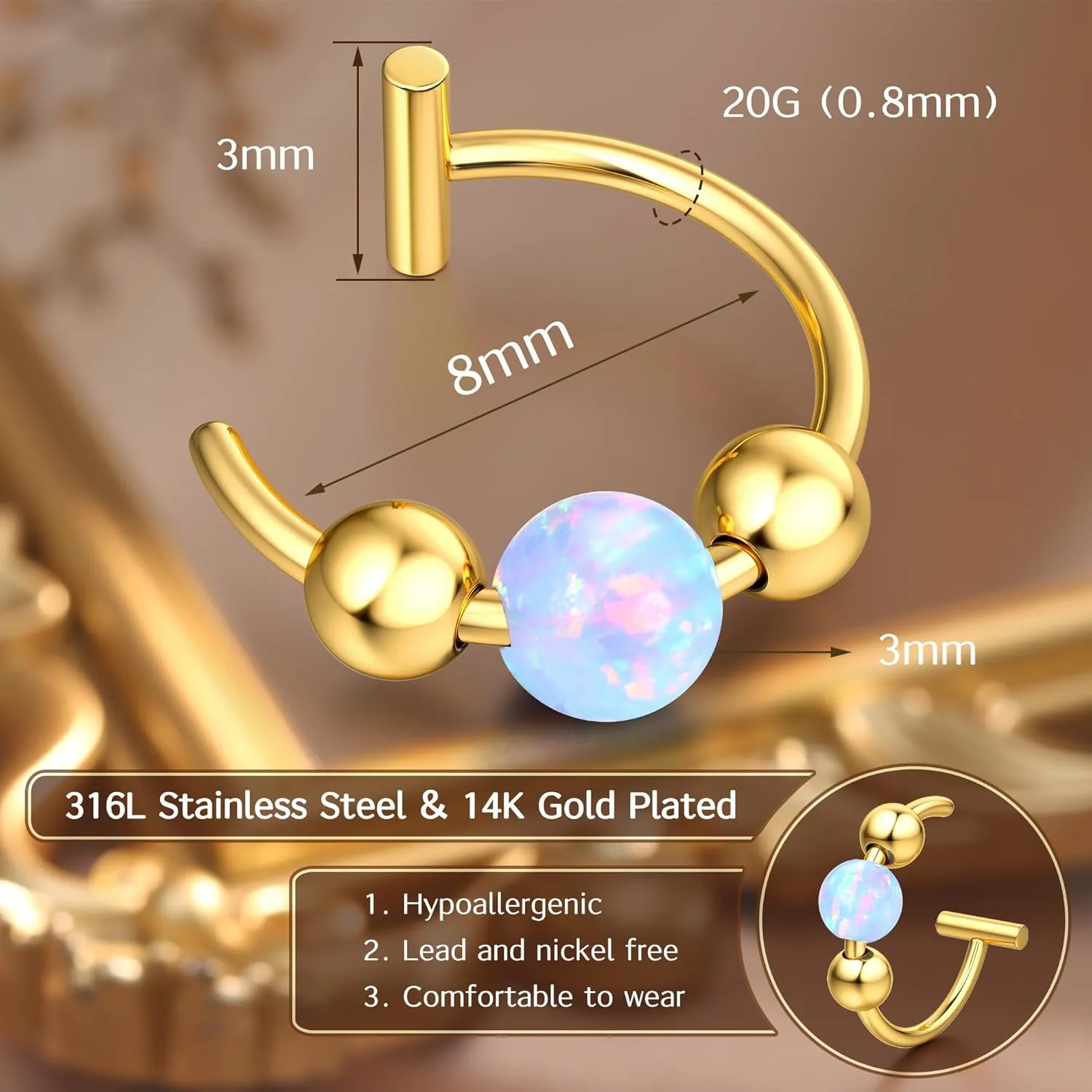 UBGICIG Opal Fake Nose Ring 20G - 14K Gold Nose Ring Faux Nose Rings For Women Fake Nose Piercings Green/Pink/Blue/White/Red/Purple/Dark Green Opal 8mm
