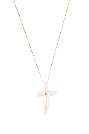 White Baroque Pearl Cross Necklace with Champagne Diamond